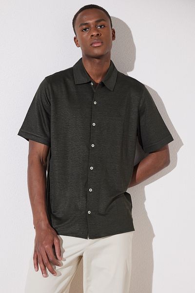 BROOKS BROTHERS Ανδρικό λινό κοντομάνικο πουκάμισο χακί