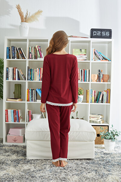 Siyah İnci Burgundy Cotton Knitted Pajama Set