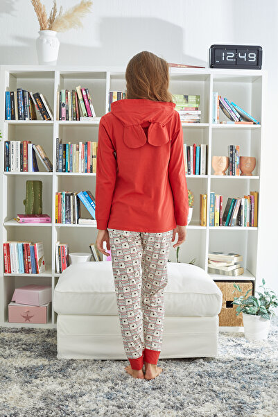 Siyah İnci Hooded Cotton Lycra Knitted Pajama Set
