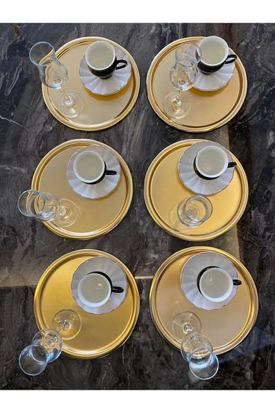 NEWTREND Züccaciye Round Gold Presentation Tray Decorative Serving Tray Tea, Coffee 22 Cm Set of 6