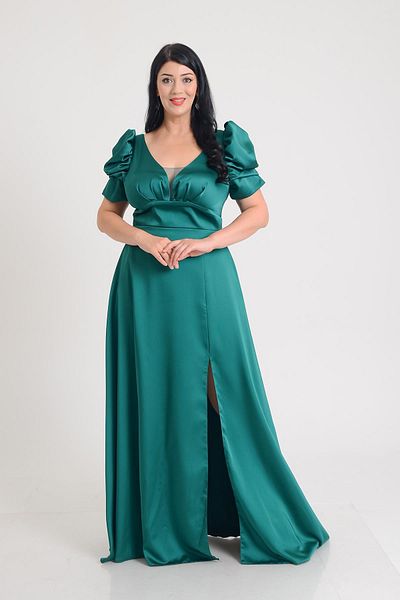 SpringStore Emerald Watermelon Sleeve Satin Evening Dress