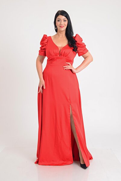 SpringStore Kırmızı Karpuz Kol Saten Büyük Beden Abiye Elbise