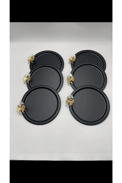 NEWTREND Züccaciye 6-Piece Gold Butterfly Round Black Presentation Tray, Decorative Serving Tray, Tea, Cake Brown 24 Cm