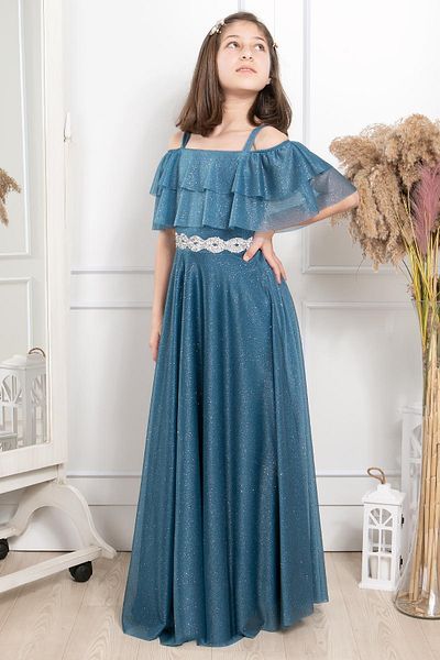 SUBU TASARIM Frill Detailed Glittery Tulle Evening Dress Indigo Mdv314