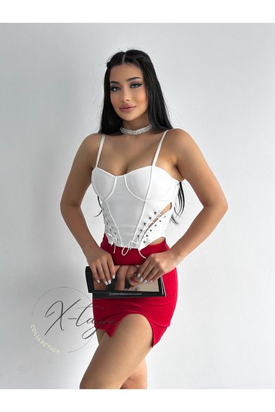MODA FINE Women's White Lycra Stylish Crop Bustier with Rope Detail on the Side and Zipper on the Back