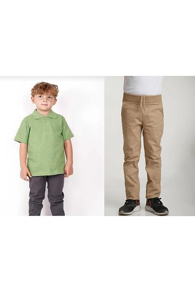 FATELLA Unisex children's school ribbed waist trousers - green short sleeve Polo collar T-shirt 2-piece set