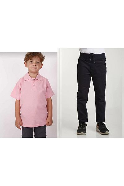 FATELLA Unisex children's school ribbed waist trousers - pink short sleeve Polo collar T-shirt 2-piece set