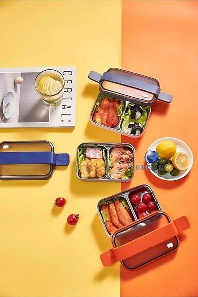 Vagon 1200ml Stainless Double Layer Steel Food Container - Grey-Navy Lunch Box