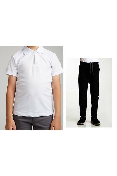 FATELLA Unisex children's school ribbed waist trousers - white short sleeve Polo collar T-shirt Two-piece suit