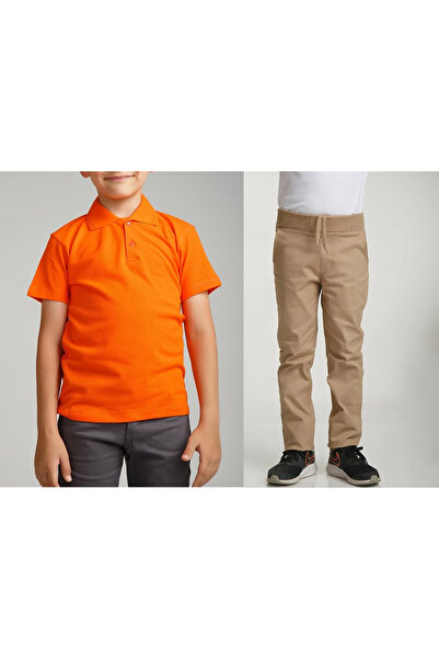 FATELLA Παιδικό σχολικό παντελόνι με ριμπ μέση - πορτοκαλί κοντομάνικο μπλουζ...