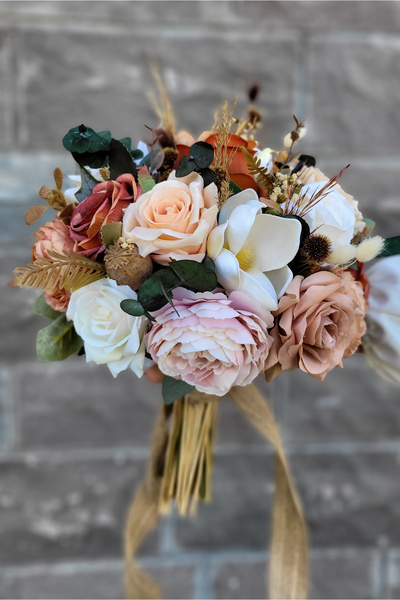 FilizKonuk Gelin Buketi Nişan Çiçeği Nikah El Çiçeği, Pastel Soft Somon Yapay...
