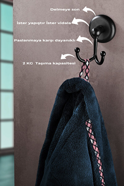 Sas Haus Siyah Bornoz & Havlu Askılığı – 2 Kancalı, Banyo Askısı (Yapıştır/Vi...