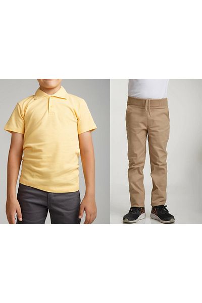 FATELLA Unisex children's school ribbed waist trousers - yellow short sleeve Polo collar T-shirt 2-piece set