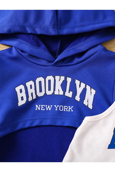 Machetta Kids Hooded Saks Blue 3-Piece Brooklyn White Strappy Crop Tracksuit Set