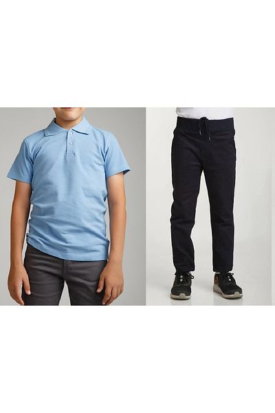 FATELLA Unisex children's school ribbed waist trousers - blue short sleeve Polo collar T-shirt 2-piece set
