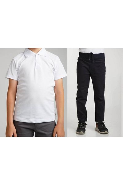 FATELLA Unisex Kids Polo Collar White T-Shirt and Ribbed Waist Pants Set