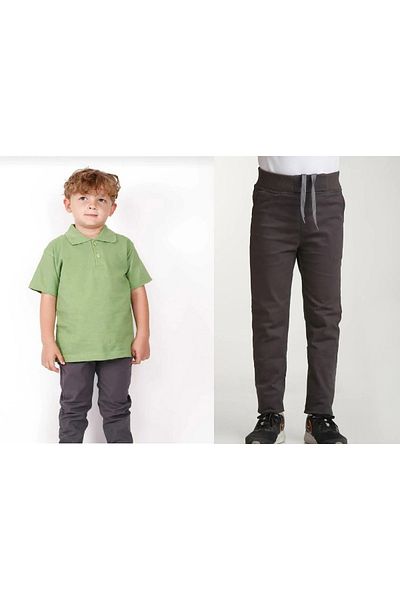 FATELLA Unisex children's school ribbed waist trousers - green short sleeve Polo collar T-shirt 2-piece set