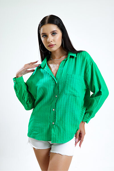 ladyzey жіноча зелена сорочка з довгими рукавами, на ґудзиках, з однією кишенею