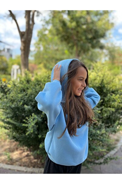 MORNİNG KİDS Çocuk Unisex Kapşonlu Bebe Mavi Düz Sweatshirt