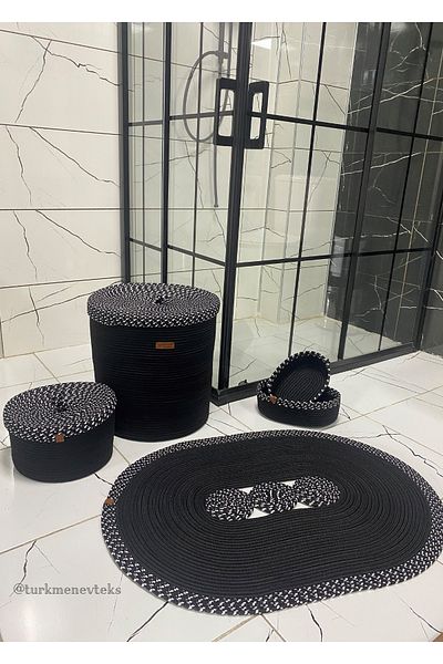 Türkmen Ev Tekstil γιούτα .Wicker Μαύρο Σετ Μπάνιου, Σετ Μπάνιου, Χαλάκι, Καλάθι Πλυντηρίου, Καλάθι Μακιγιάζ, Σετ Χαλάκι