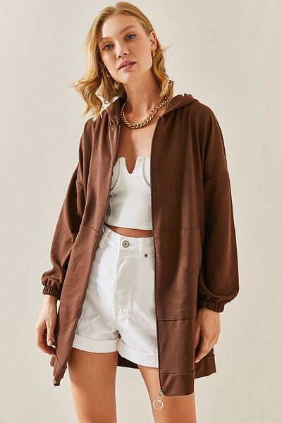 XHAN Brown Hooded & Zippered Sweatshirt 3YXK8-47513-18