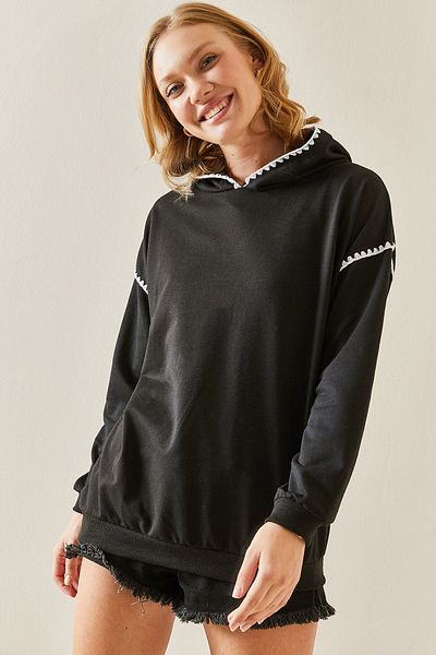 XHAN Black Embroidery Detailed Hooded Sweatshirt 3YXK8-47510-02