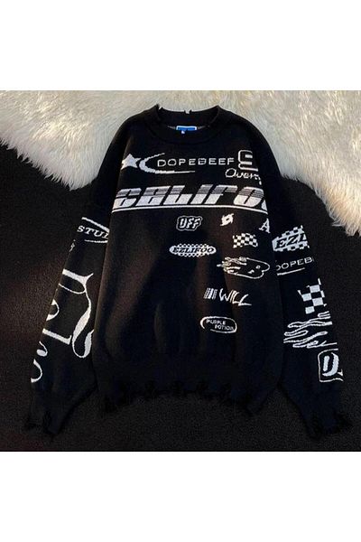Touz Moda Race Flag Unisex Oversize Black Sweater