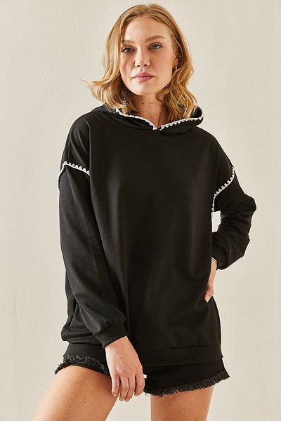 XHAN Black Embroidery Detailed Hooded Sweatshirt 3YXK8-47510-02