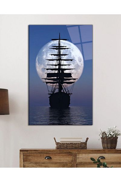 Rosyvien Moon Night Sea Sailboat și Nature Landscape Pictură pe sticlă, Decor de perete pentru casă și birou, Cadou, Sticlă călită