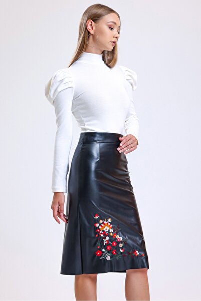MD trend Női fekete virágos hímzett cipzárral záródó bőr ceruzaszoknya