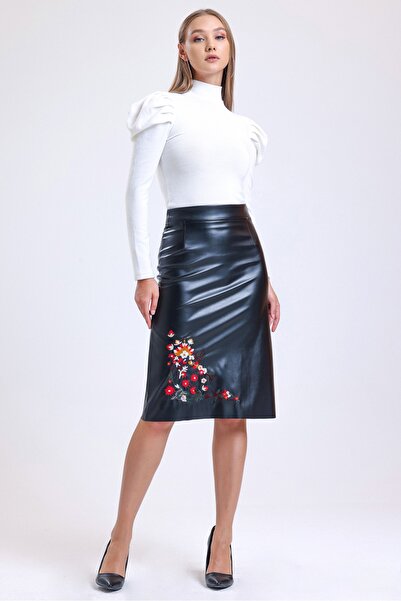 MD trend Női fekete virágos hímzett cipzárral záródó bőr ceruzaszoknya