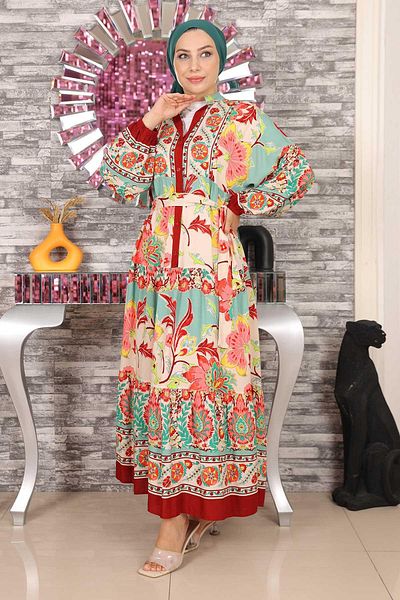 Modamihram Floral Patterned Half Buttoned Dress Claret Red 19145