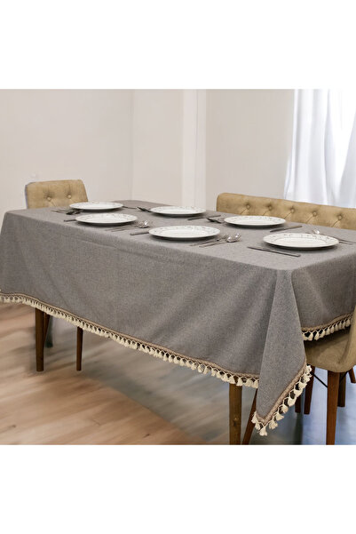 NDC HOME Gray Anthracite Cotton Linen Stripe Pompom Tablecloth