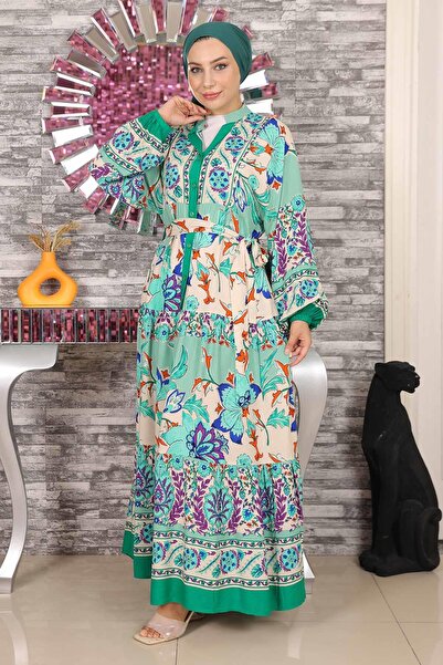Modamihram Floral Patterned Half Button Dress Mint 19145