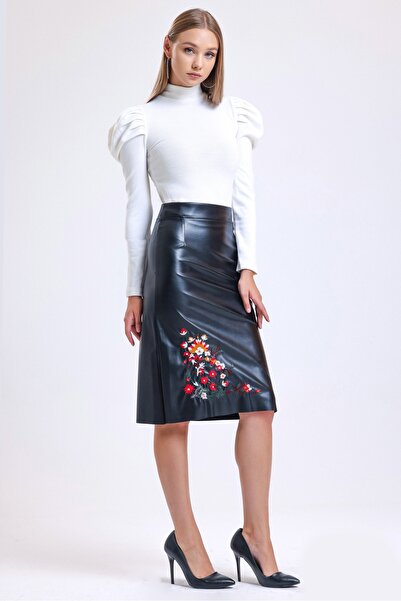 MD trend Női fekete virágos hímzett cipzárral záródó bőr ceruzaszoknya