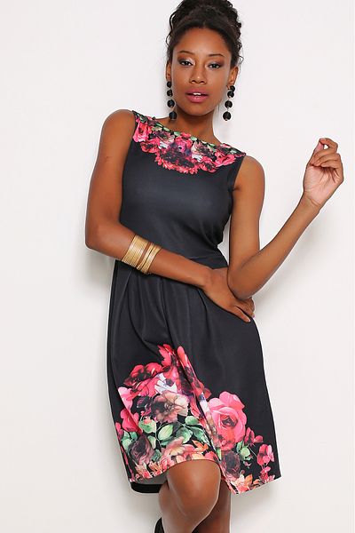 AVORWE Rochie mini evazată cu mânecă rotundă cu imprimeu floral