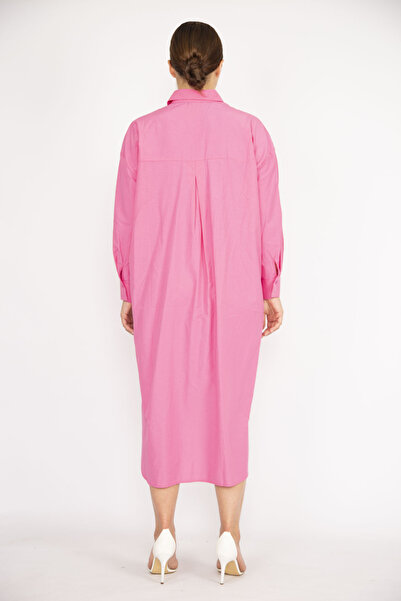 Şans Women's Large Size Pink Poplin Fabric Front Buttoned Chest Pocket Long Back Tunic Dress 65N36788