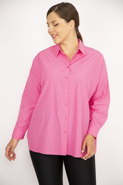 Şans Women's Large Size Pink Front Buttoned Long Sleeve Shirt 65N36800