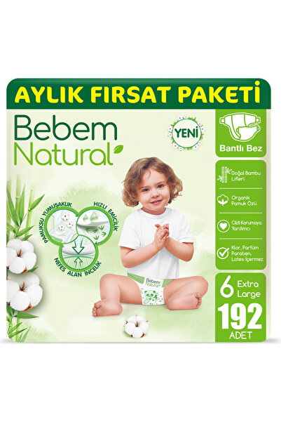 Bebem Natural Bebek Bezi 6 Beden Ekstra Large Aylık Fırsat Paketi 192 Adet