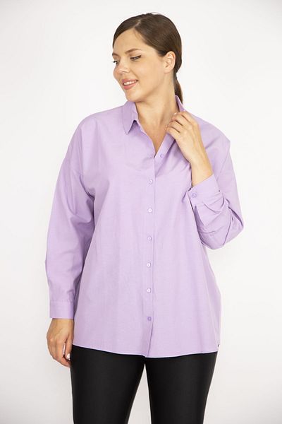 Şans Women's Large Size Lilac Front Buttoned Long Sleeve Shirt 65N36800