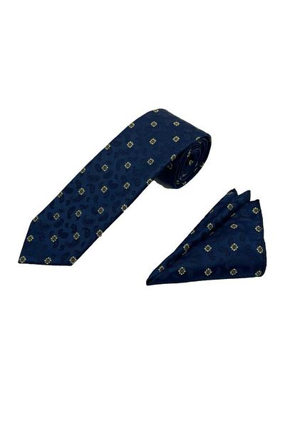 Brianze Navy Blue Yellow Patterned Tie Handkerchief Set
