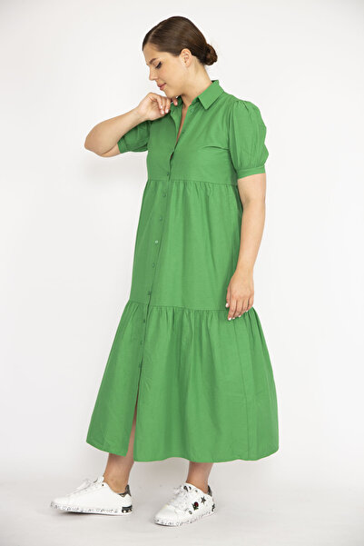 Şans Γυναικείο φόρεμα μεγάλου μεγέθους πράσινο ύφασμα ποπλίνα μπροστινό μήκος με κουμπιά 65N36790