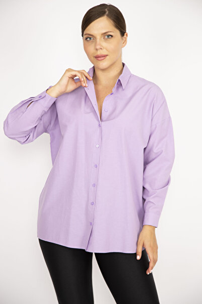 Şans Women's Large Size Lilac Front Buttoned Long Sleeve Shirt 65N36800