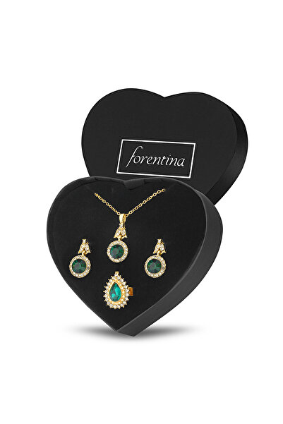 Forentina Altın Kaplama Yeşil Taşlı Kolye Küpe Yüzük Takı Seti PS3114