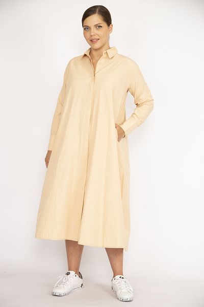 Şans Women's Large Size Beige Front Hidden Patch Buttoned Poplin Fabric Side Pocket Dress 65N36789