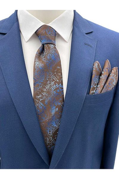 Brianze Brown Blue Shawl Pattern Tie Handkerchief Set