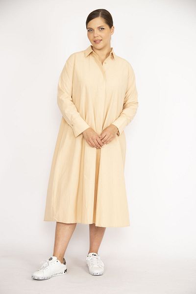 Şans Women's Large Size Beige Front Hidden Patch Buttoned Poplin Fabric Side Pocket Dress 65N36789