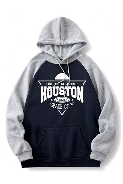 ALİKA Тъмносин сив суичър с ръкави Houston Space с качулка