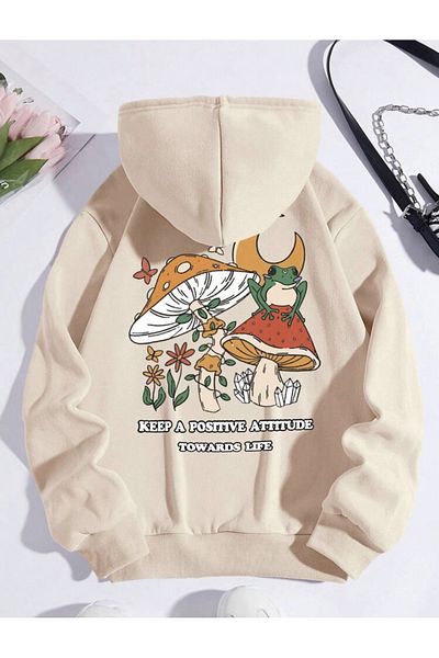 ALİKA Μπεζ με κουκούλα Keep A Postive Oversized φούτερ