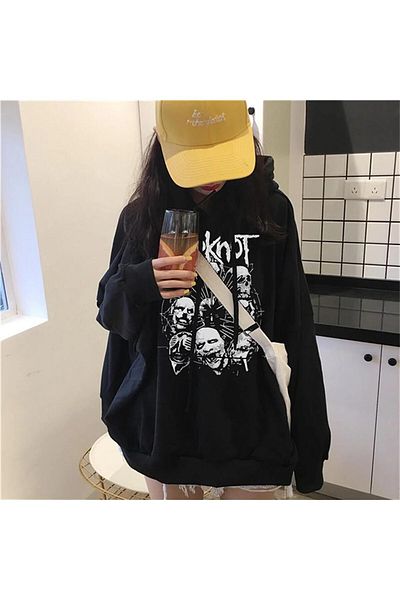 Gofeel Y2k Oversize Loose Unisex Hooded Slipknot Skulls εμπριμέ φούτερ